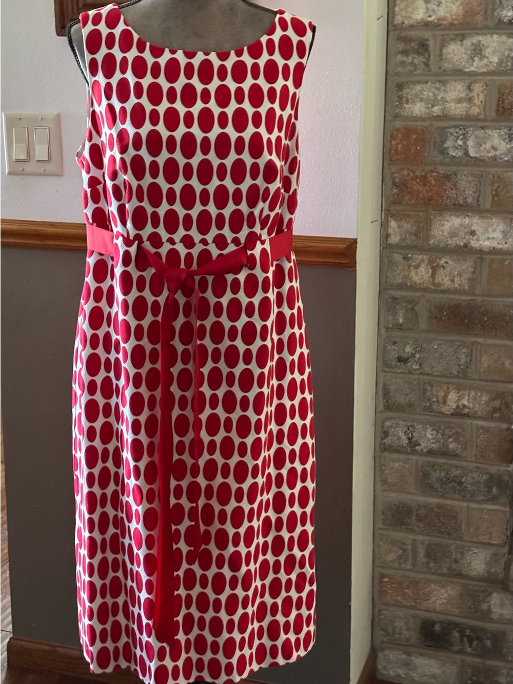Dress Barn Red and White Polka Dot Sleeveless Dress with Belt